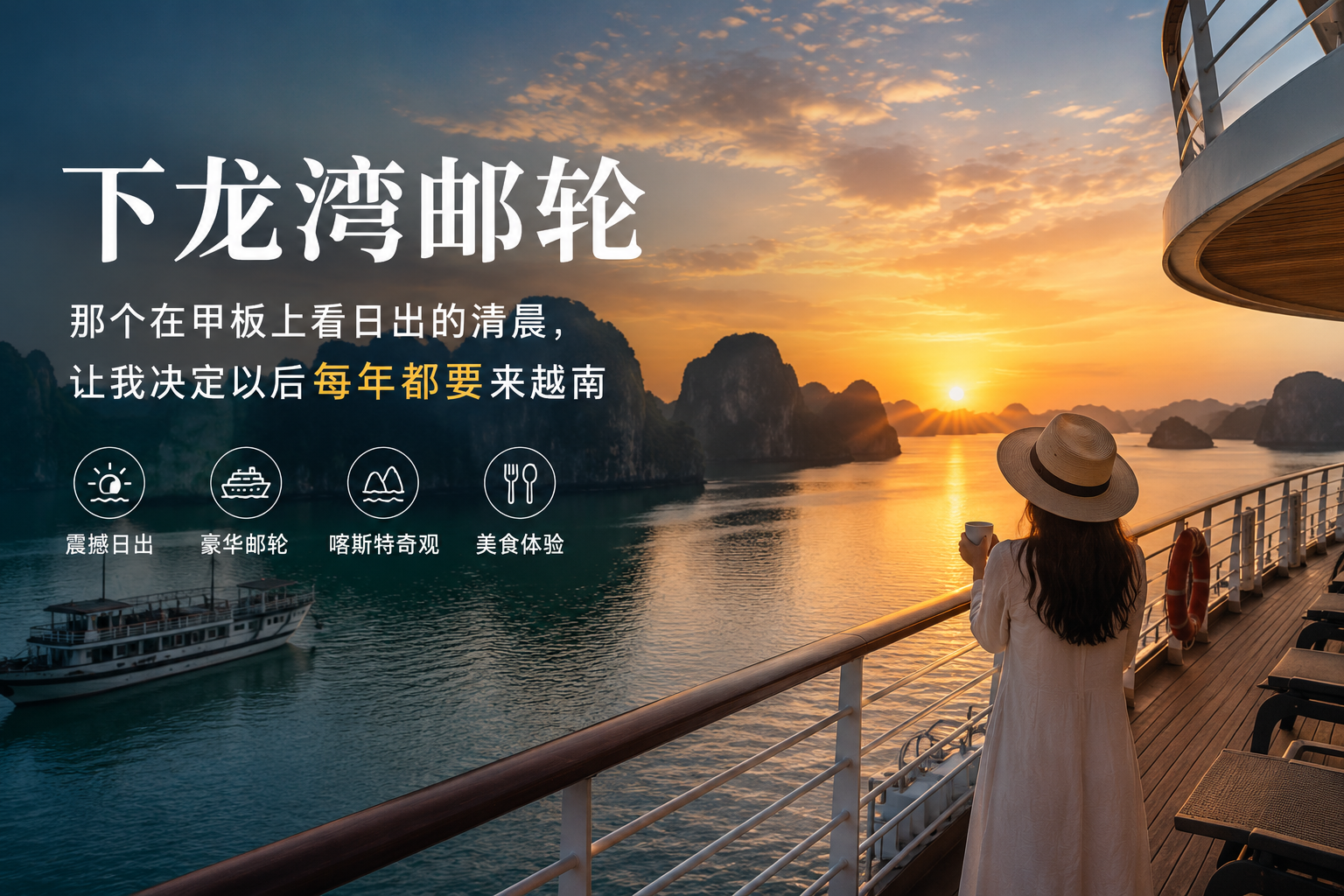下龙湾清晨日出，石灰岩山峰倒映在海面
