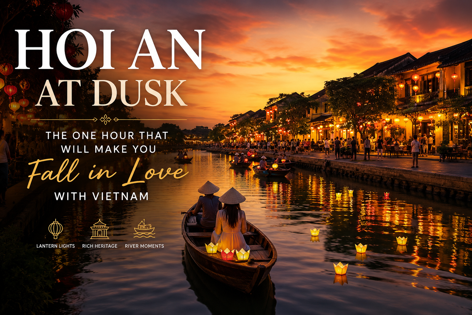 Hoi An ancient town at dusk with silk lanterns glowing along the canal