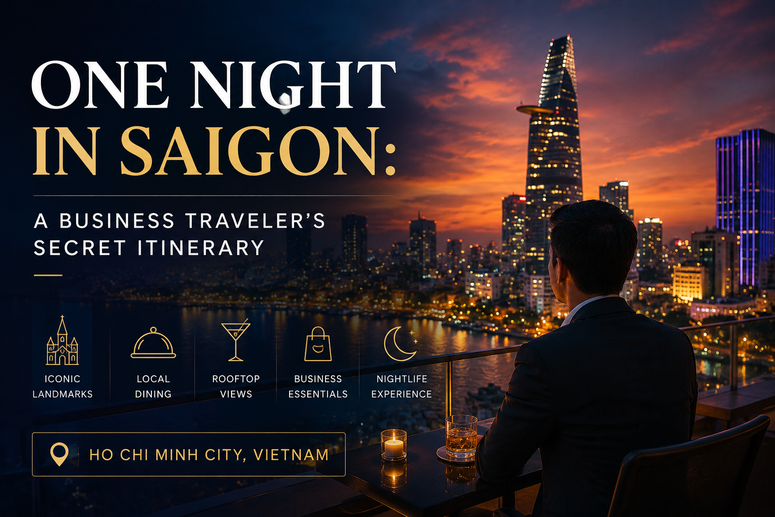 Saigon rooftop bar overlooking city lights at sunset