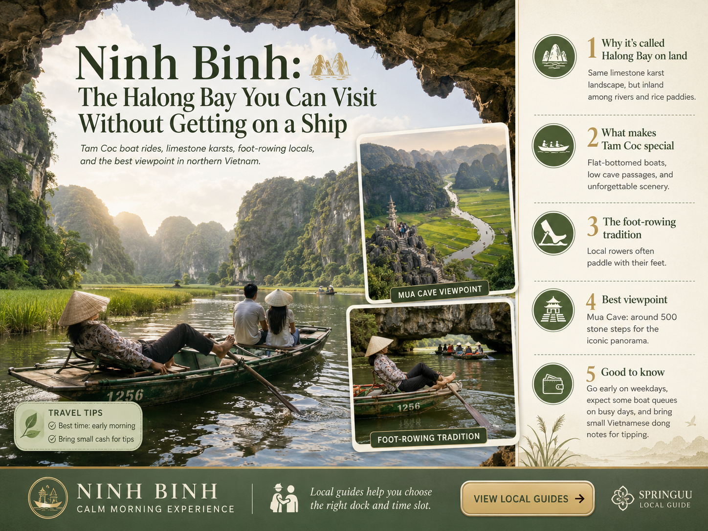 Limestone karst river boats in Ninh Binh, Vietnam