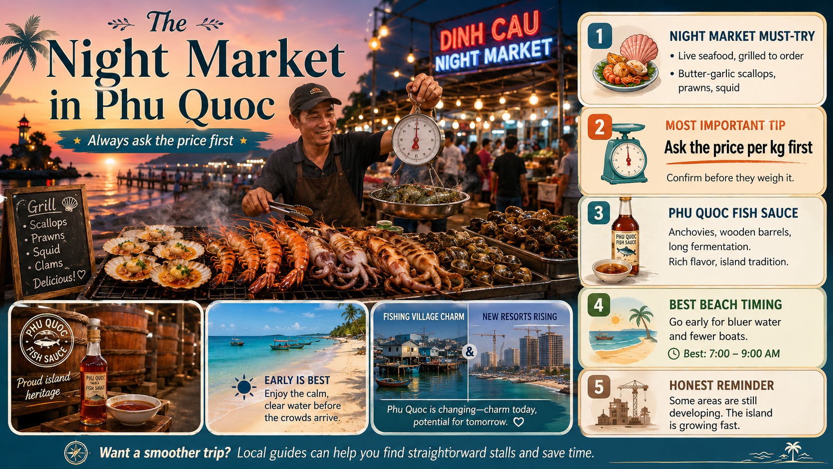 Grilled seafood stalls lit up at a Phu Quoc night market