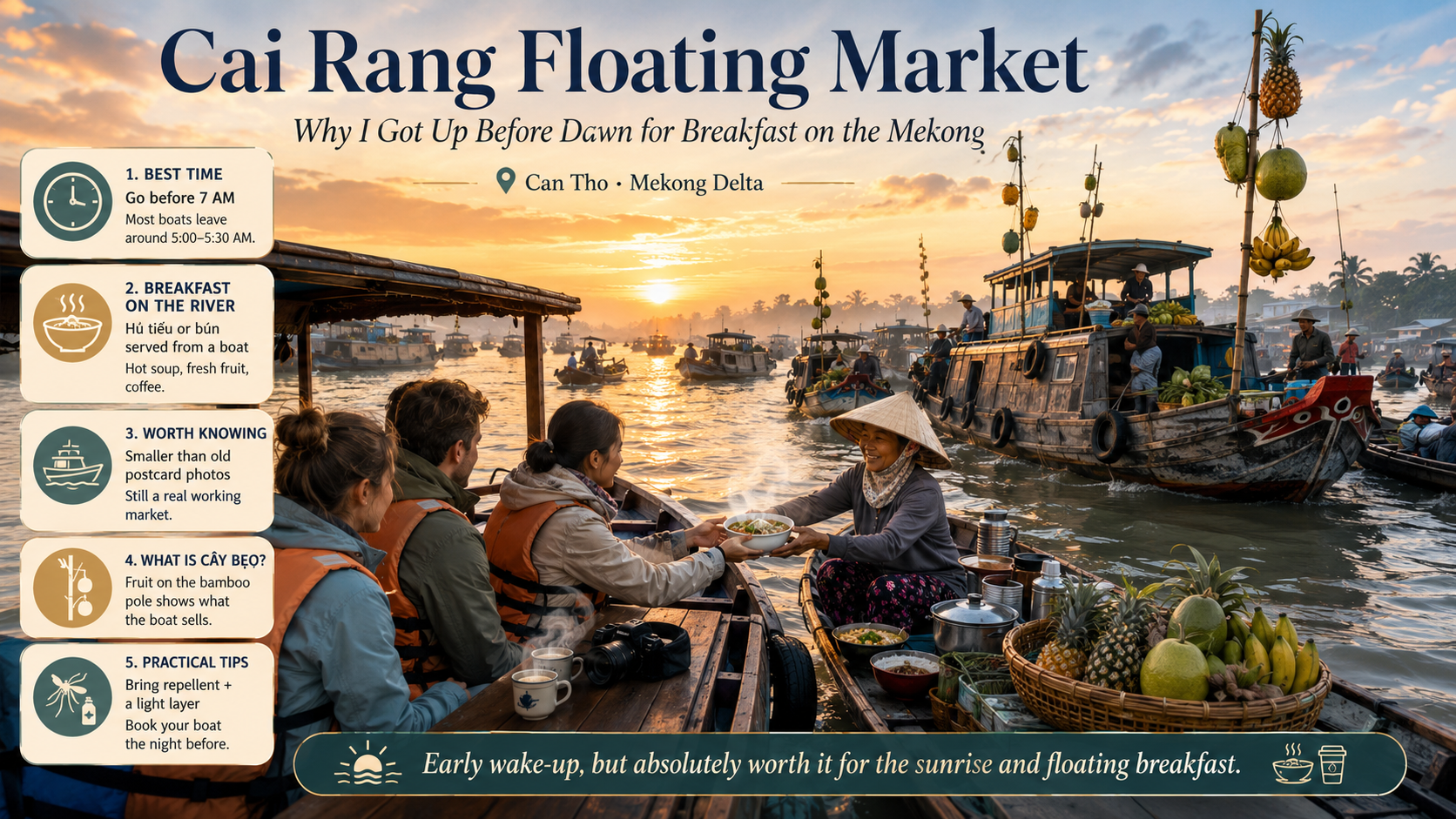 Boats trading at dawn on the Mekong Delta near Can Tho, Vietnam