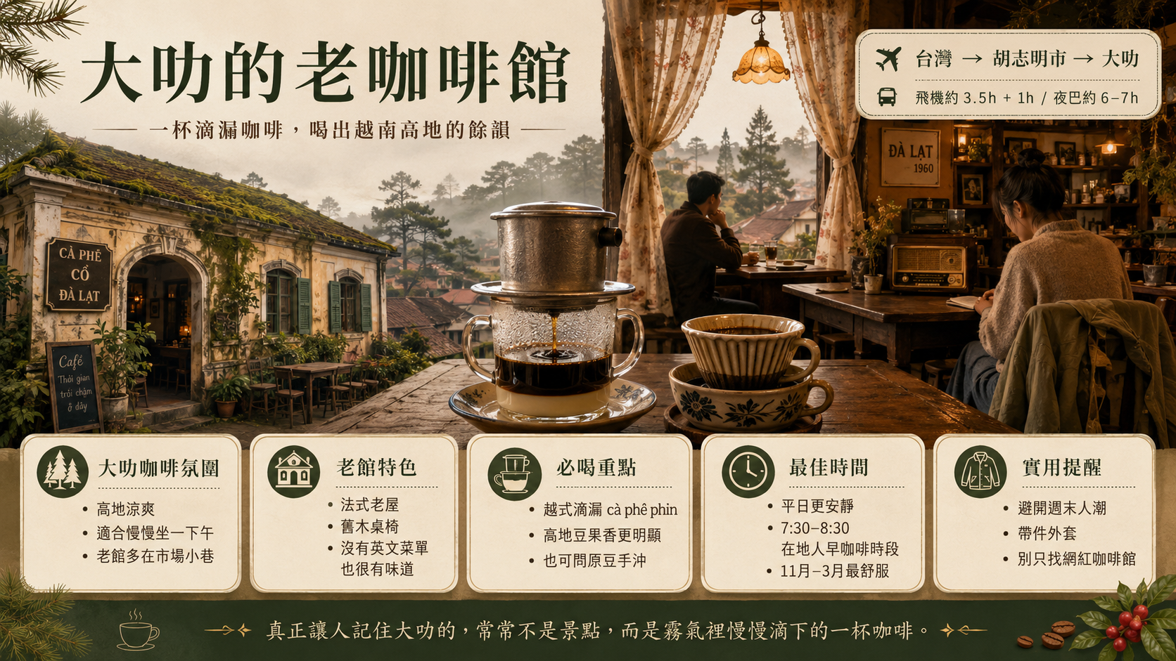 大叻高地老咖啡館，橘黃燈光下的木桌與滴漏咖啡