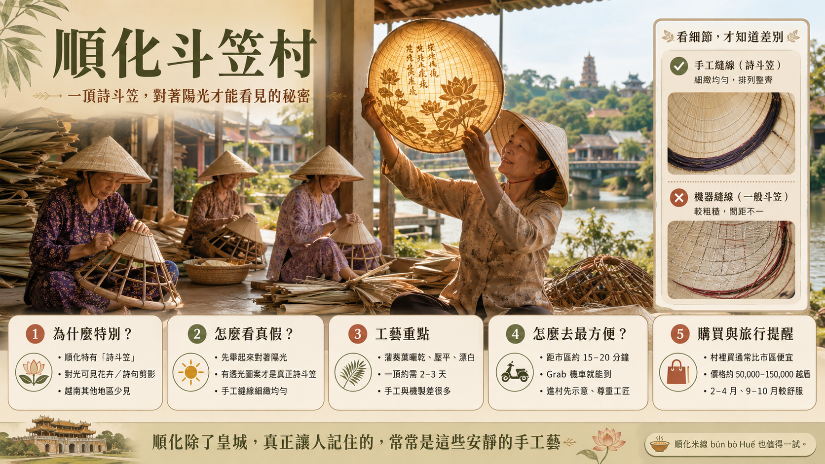 順化工匠村阿姨手工縫製詩斗笠，陽光下透出花卉剪影