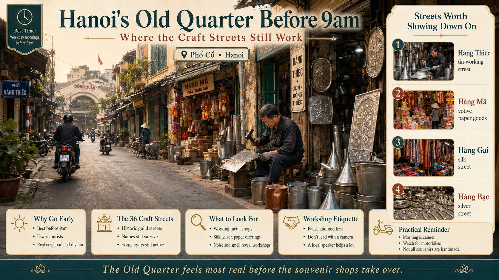 Hanoi Old Quarter craft street at dawn, artisan working in narrow shophouse