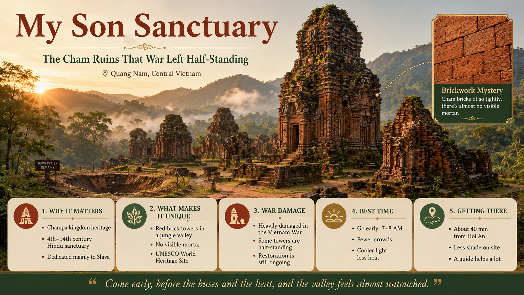 Ancient Cham brick towers at My Son Sanctuary in the morning mist