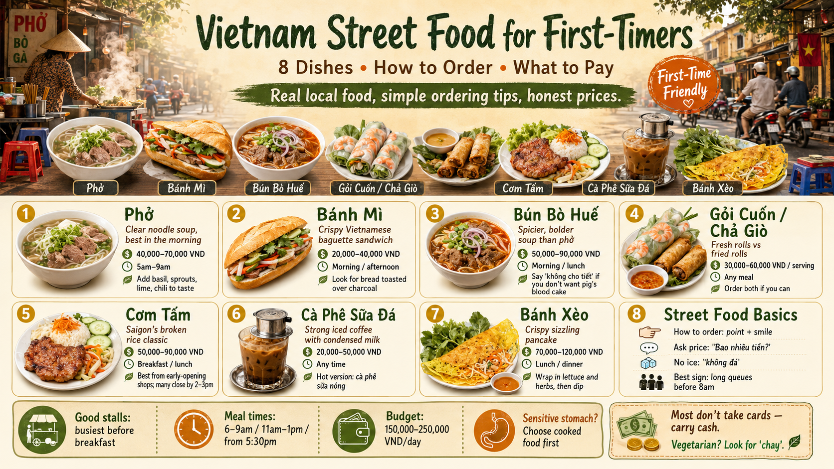 Vietnamese street food stall with bowls of noodle soup and fresh herbs