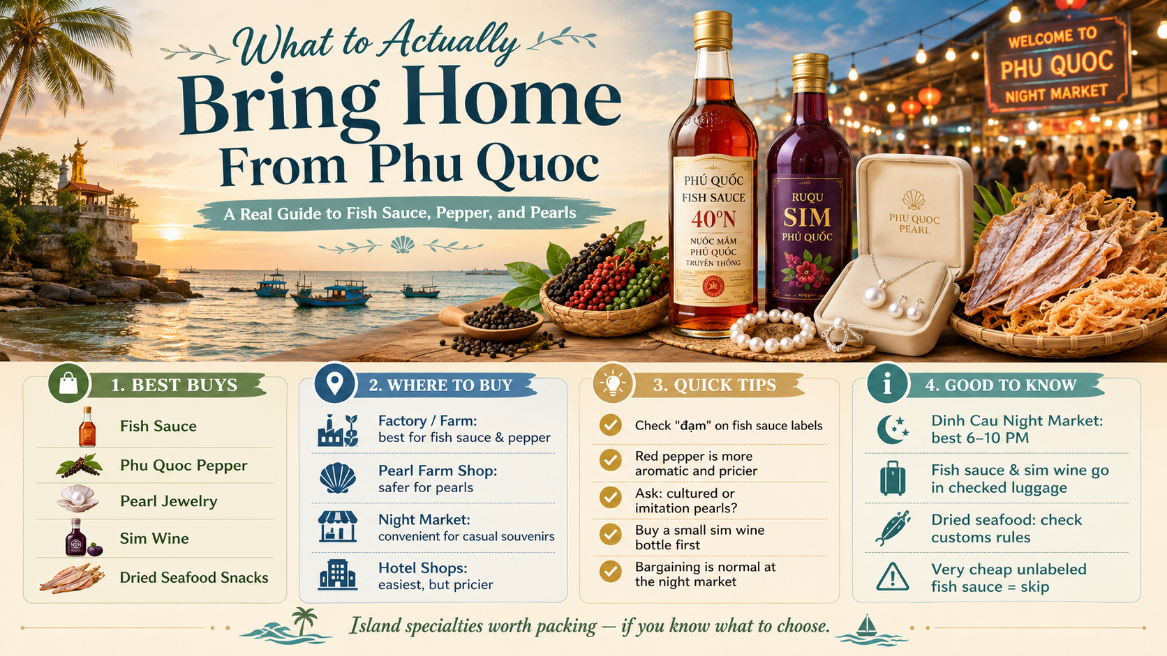 Phu Quoc night market stalls with fish sauce bottles and dried seafood
