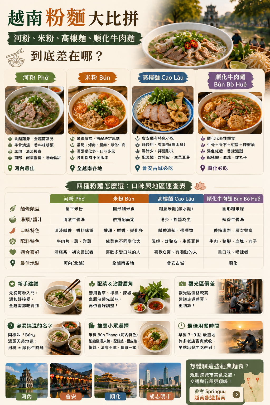越南各式粉麵湯品與配菜的比較示意